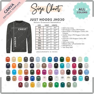 Tabla de tallas y colores Just Hoods JH030 / Plantilla Canva EDITABLE / Sudadera unisex con cuello redondo JH030 / Tabla de tallas AWDis JH030 / Plantilla CANVA editable