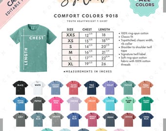 Comfort Colors 9018 Size + Color Chart | EDITABLE Canva Template | 9018 Youth T-Shirt | 9018 Size Chart | CANVA Editable Size Chart