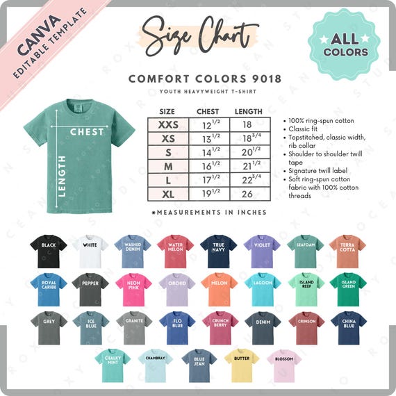Comfort Colors 9018 Size + Color Chart | EDITABLE Canva Template | 9018 Youth T-Shirt | 9018 Size Chart | CANVA Editable Size Chart