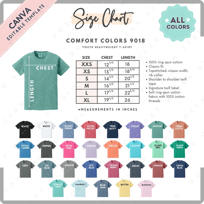 May include: A size chart for a Comfort Colors youth heavyweight t-shirt, with measurements in inches. The chart includes chest and length measurements for sizes XXS to XL. The image also displays a variety of t-shirt colors, including black, white, and denim.