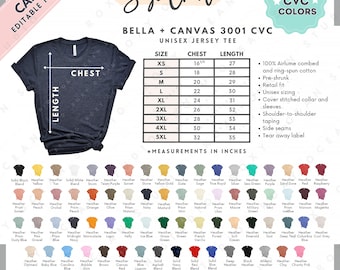 Bella Canvas 3001 CVC Size + Color Chart | EDITABLE Canva Template | 3001 Unisex Jersey Tee | 3001 Size Chart | CANVA Editable Size Chart