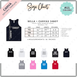 Bella Canvas 3480Y Size + Color Chart | EDITABLE Canva Template | 3480Y Youth Jersey Tank | 3480Y Size Chart | CANVA Editable Size Chart