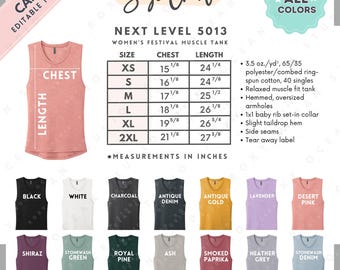 Next Level 5013 Size + Color Chart | EDITABLE Canva Template | 5013 Festival Muscle Tank | 5013 Size Chart | CANVA Editable Size Chart