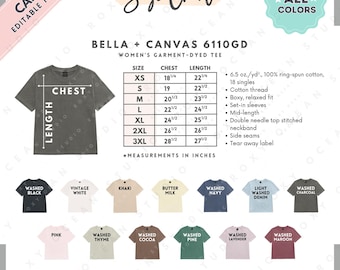 Bella Canvas 6110GD Size + Color Chart | EDITABLE Canva Template | 6110GD Women's Garment-Dyed Tee | 6110GD Size Chart | CANVA Editable Size