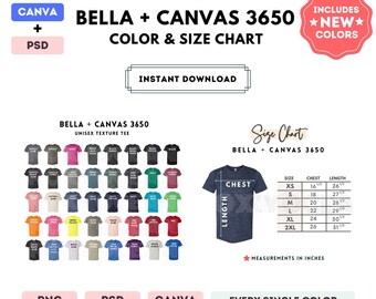 Bella Canvas 3650 Color + Size Chart | EDITABLE Canva Template | 3650 Texture Tee | 3650 Size Chart | CANVA + PSD Editable Color chart