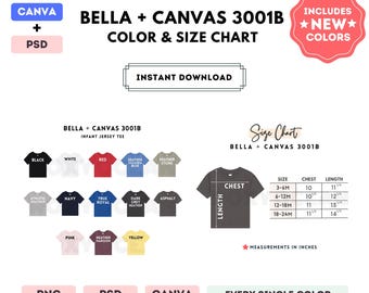 Bella Canvas 3001B Color + Size Chart | EDITABLE Canva Template | 3001B Infant Jersey Tee | 3001B Size Chart | CANVA + PSD Editable Template