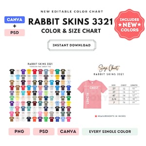 May include: A Rabbit Skins 3321 toddler fine jersey tee color and size chart featuring a grid of various t-shirt colors, a pink t-shirt diagram with chest and length measurement lines, and a size chart table with measurements in inches.