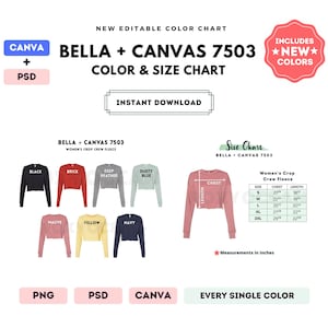 Bella Canvas 7503 Tabla de colores y tallas / Plantilla Canva editable / Sudadera polar corta 7503 / Tabla de tallas 7503 / Tabla de colores editable en CANVA + PSD