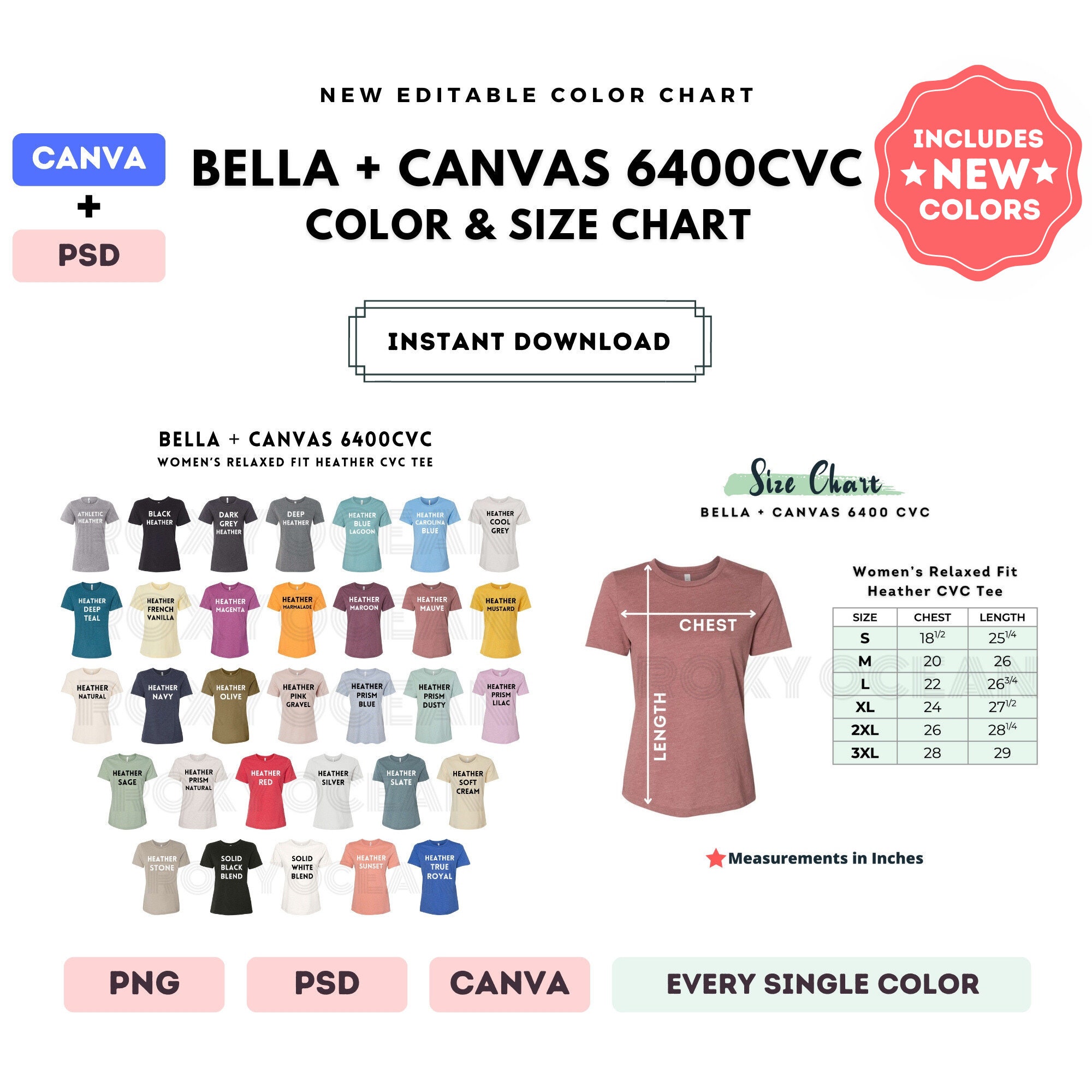 Bella Canvas 6400 CVC Color + Size Chart | Editable Canva Template | 6400 CVC Relaxed Fit Heather Tee | 6400 Size Chart | Canva + PSD Chart