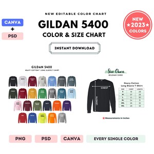 G540 Color + Size Chart | EDITABLE Canva Template | G540 Heavy Cotton Long Sleeve T-Shirt | G540 Size Chart | CANVA + PSD Editable Template