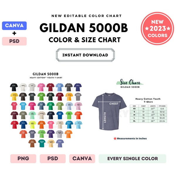 G500B Color + Size Chart | EDITABLE Canva Template | G500B Heavy Cotton Youth T-Shirt | G500B Size Chart | CANVA + PSD Editable Color Chart