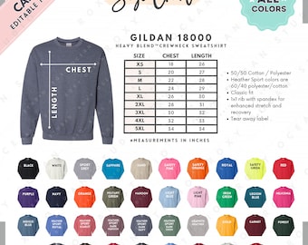 Gildan 18000 Size + Color Chart | EDITABLE Canva Template | G180 Crewneck Sweatshirt | G180 Size Chart | CANVA Editable Size Chart