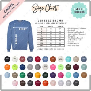 Jerzees 562MR Size + Color Chart | EDITABLE Canva Template | 562MR NuBlend Crewneck Sweatshirt | 562MR Size Chart | CANVA Editable Size