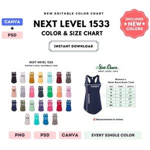 Next Level 1533 Color + Size Chart | EDITABLE Canva Template | 1533 Racerback Tank | 1533 Size Chart | CANVA + PSD Editable Color Chart