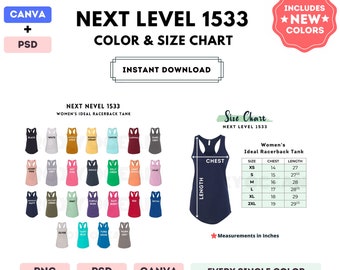 Next Level 1533 Color + Size Chart | EDITABLE Canva Template | 1533 Racerback Tank | 1533 Size Chart | CANVA + PSD Editable Color Chart