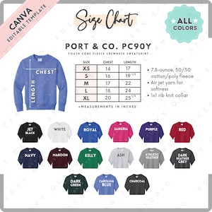 May include: A light blue youth core fleece crewneck sweatshirt with a size chart showing chest and length measurements in inches. Available colors include black, white, royal blue, and red.