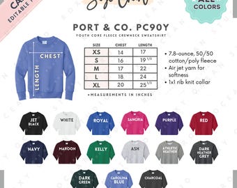 Tabela de Tamanhos e Cores do Moletom PC90Y da Port & Company | Modelo Editável no Canva | Moletom Juvenil com Gola Redonda PC90Y | Tabela de Tamanhos do PC90Y | Modelo Editável no Canva