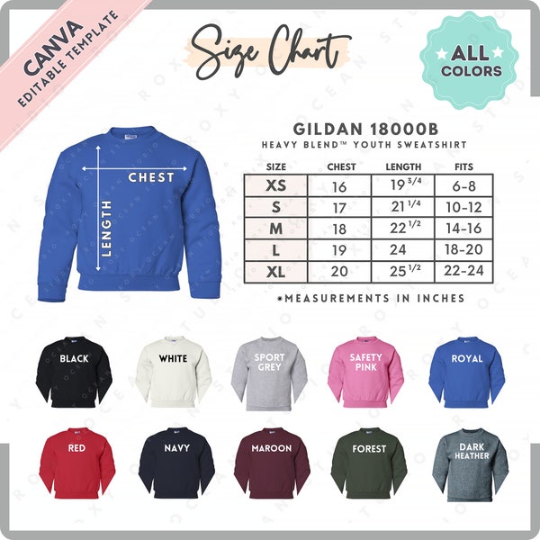 Gildan 18000B Size + Color Chart | EDITABLE Canva Template | G180B Youth Sweatshirt | G180B Size Chart | CANVA Editable Size Chart