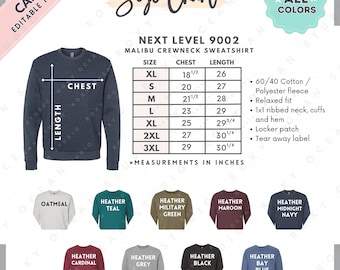 Next Level 9002 Size + Color Chart | EDITABLE Canva Template | 9002 Malibu Crewneck Sweatshirt | 9002 Size Chart | CANVA Editable Size