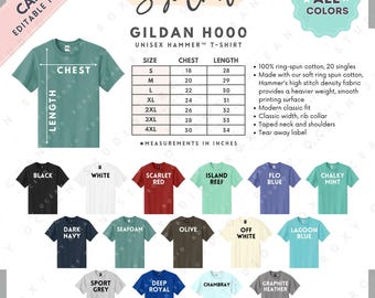 Gildan H000 Size + Color Chart | EDITABLE Canva Template | H000 Unisex Hammer T-Shirt | H000 Size Chart | CANVA Editable Size Chart