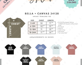 Bella Canvas 3413T Size + Color Chart | EDITABLE Canva Template | 3413B Infant Triblend Tee | 3413T Size Chart | CANVA Editable Size Chart