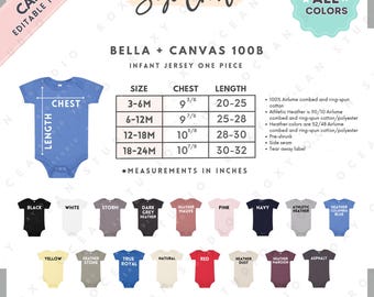 Bella Canvas 100B Size + Color Chart | EDITABLE Canva Template | 100B Infant Jersey One Piece | 100B Size Chart | CANVA Editable Size Chart