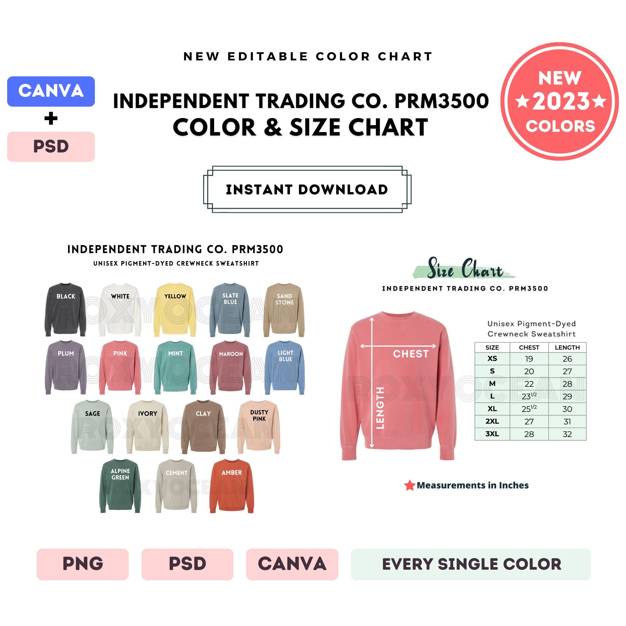 Independent Trading Co.prm3500 Color Size Chart EDITABLE - Etsy