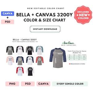 Bella Canvas 3200Y Tabla de colores y tallas / Plantilla Canva editable / Camiseta de béisbol juvenil 3200Y / Tabla de tallas 3200Y / Tablas editables en CANVA y PSD