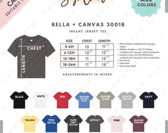 Bella Canvas 3001B Size + Color Chart | EDITABLE Canva Template | 3001B Infant Jersey Tee | 3001B Size Chart | CANVA Editable Size Chart
