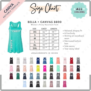 Tabla de tallas y colores Bella Canvas 8800 / Plantilla editable de Canva / Camiseta sin mangas holgada con espalda cruzada para mujer 8800 / Tabla de tallas 8800 / Plantilla editable de CANVA