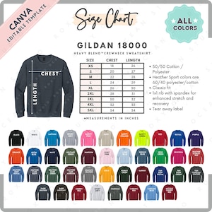 Puede incluir: Tabla de tallas para una sudadera de cuello redondo Gildan 18000, con medidas en pulgadas. La tabla incluye tallas XS a 5XL, medidas de pecho de 45.7 a 86.4 cm y largos de 66 a 86.4 cm. La imagen también muestra una variedad de colores de sudaderas.