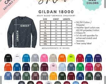 Gildan 18000 Size + Color Chart | EDITABLE Canva Template | G180 Crewneck Sweatshirt | G180 Size Chart | CANVA Editable Size Chart
