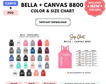 Bella Canvas 8800 Color + Size Chart | EDITABLE Canva Template | 8800 Racerback Tank | 8800 Size Chart | CANVA + PSD Editable Color Chart