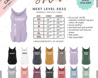 Next Level 5033 Size + Color Chart | EDITABLE Canva Template | 5033 Women's Festival Tank | 5033 Size Chart | CANVA Editable Size Chart