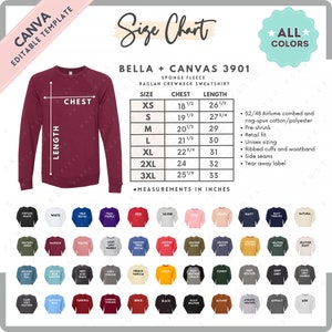 Bella Canvas 3901 Talla + Tabla de colores / Plantilla Canva editable / Sudadera raglán de cuello redondo 3901 / Tabla de tallas 3901 / Talla editable en CANVA