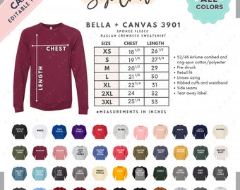 Bella Canvas 3901 Size + Color Chart | EDITABLE Canva Template | 3901 Raglan Crewneck Sweatshirt | 3901 Size Chart | CANVA Editable Size
