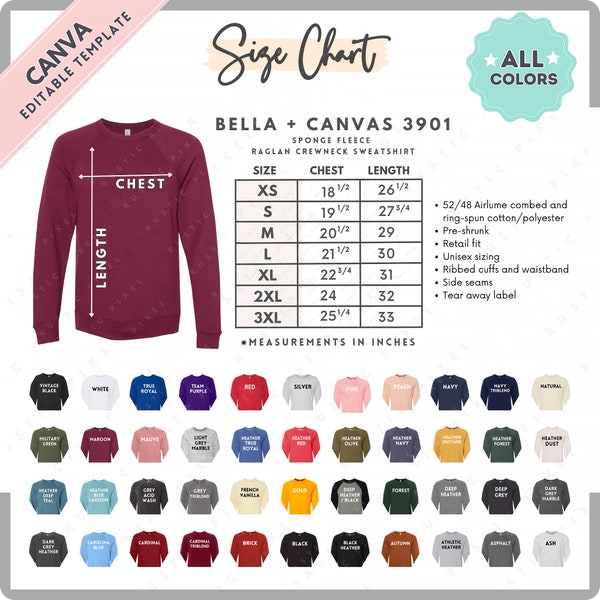 Bella Canvas 3901 Size + Color Chart | EDITABLE Canva Template | 3901 Raglan Crewneck Sweatshirt | 3901 Size Chart | CANVA Editable Size