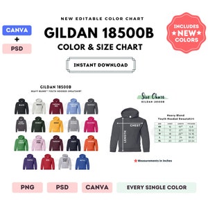 G185B Farbe + Größentabelle | EDITIERBARE Canva Vorlage | G185B Jugend Kapuzen-Sweatshirt | G185B Größentabelle | CANVA + PSD bearbeitbare Farbkarte