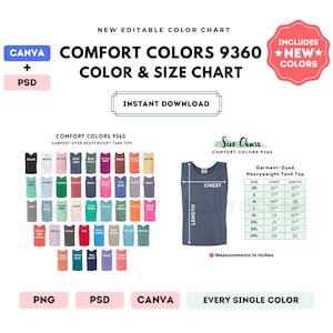 Comfort Colors 9360 Farbe + Größentabelle | EDITIERBARE Canva Vorlage | 9360 Schweres Tank Top | 9360 Größentabelle | CANVA + PSD Bearbeitbar