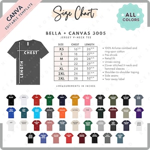May include: A size chart for a Bella + Canvas 3005 jersey V-neck tee shirt. The chart includes chest and length measurements in inches for sizes XS to 3XL. The image also displays a colour palette with various shirt colours.