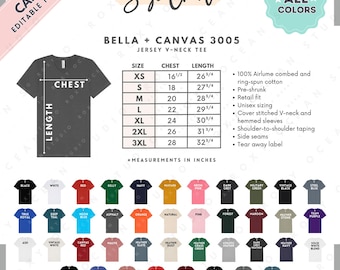Bella Canvas 3005 Size + Color Chart | EDITABLE Canva Template | 3005 Jersey V-Neck Tee | 3005 Size Chart | CANVA Editable Size Chart