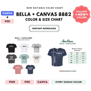 Bella Canvas 8882 Tabla de colores y tallas / Plantilla Canva editable / Camiseta corta fluida 8882 / Tabla de tallas 8882 / Tabla de colores editable en CANVA + PSD