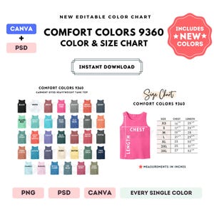 以下が含まれることがあります： Comfort Colors 9360のガーメントダイヘビーウェイトタンクトップの色とサイズのチャート。チャートには、胸囲と長さのインチ単位の測定値を含むサイズガイドと、さまざまな色合いのカラーパレットが含まれています。画像には「Instant Download」というテキストも含まれています。