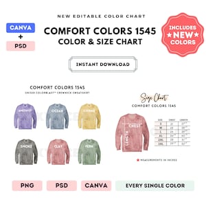 Comfort Colors 1545 Kolor + Tabela rozmiarów | EDYTOWALNY Szablon Canva | 1545 Bluza z okrągłym dekoltem Colorblast | 1545 Tabela rozmiarów | CANVA + PSD