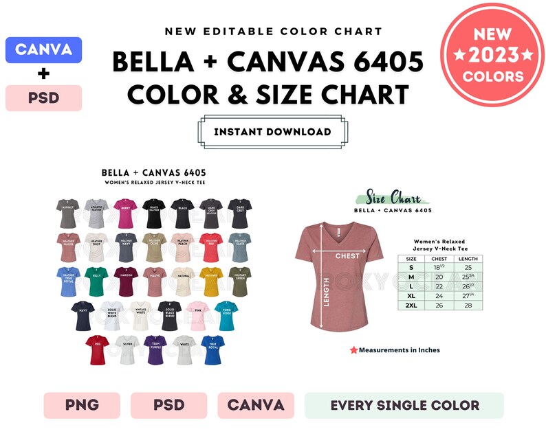 Bella Canvas 6405 Color Size Chart EDITABLE Canva Template - Etsy