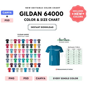 Tabla de colores y tallas G640 / Plantilla Canva editable / Camiseta Softstyle G640 / Tabla de tallas G640 / Tabla de colores editable en CANVA y PSD