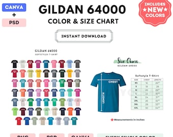 G640 Color + Size Chart | EDITABLE Canva Template | G640 Softstyle T-Shirt | G640 Size Chart | CANVA + PSD Editable Color Chart
