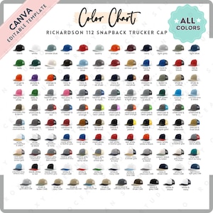 May include: Color chart of Richardson 112 snapback trucker caps in various colors. Includes black, white, red, and navy, plus heather grey, orange, and more. The text "CANVA EDITABLE TEMPLATE" is in the upper left corner.