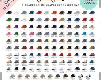 Tabela de cores Richardson 112 | Modelo Canva editável | Tabela de cores do boné trucker Richardson Snapback | Guia de cores do boné trucker Richardson