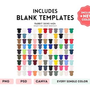 May include: A collection of Rabbit Skins 4424 infant fine jersey bodysuit blank templates in a wide variety of solid colors and patterns. The image includes text stating INCLUDES BLANK TEMPLATES, RABBIT SKINS 4424, INFANT FINE JERSEY BODYSUIT, PNG, PSD, CANVA, and EVERY SINGLE COLOR.
